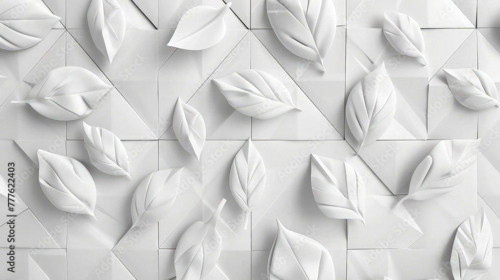 Poster a minimalist design of white 3d tiles with geometric leaves, arranged in a staggered pattern, creati