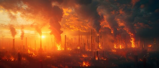 Fototapeta na wymiar Industrial oil refinery with blazing pipes looming over a polluted cityscape. Concept Industrial, Oil Refinery, Blazing Pipes, Polluted Cityscape, Environment