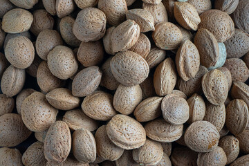 Abundant pile of unshelled almonds, showcasing wholesome snacking and natural goodness.