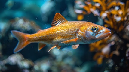   A tight shot of a fish swimming near an aquarium plant in the foreground, surrounded by water in the background