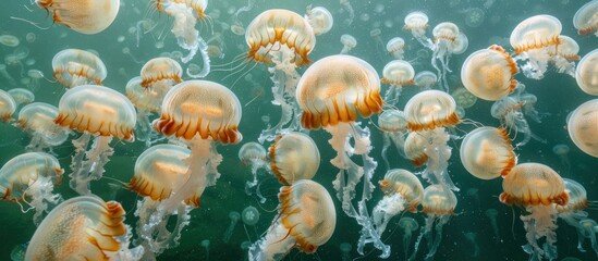 Several jellyfish swim gracefully in the ocean, their translucent bodies gently pulsating as they move through the water.