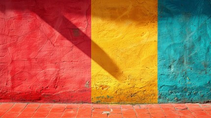   A red wall adjacent to a yellow, blue, and green one; a red fire hydrant nearby