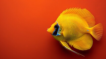   A yellow fish against a red backdrop, with a black-and-white object situated in its midsection - obrazy, fototapety, plakaty