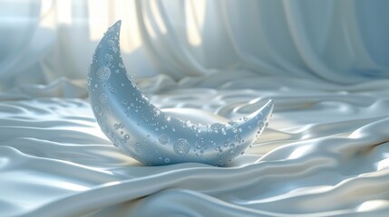   A tight shot of a crescent-shaped object on a white bedspread, surrounded by crisp sheets and drapes in the background - obrazy, fototapety, plakaty