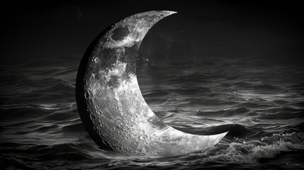   A black-and-white image of a half moon over a tranquil body of water, encircled by rippling waves