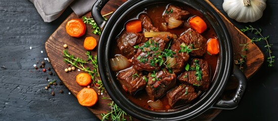 A pot filled with German-style braised beef cheeks in a rich red wine sauce, accompanied by tender carrots and onions simmering to perfection.