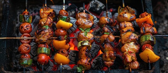 A variety of grilled kebabs loaded with vegetables cooking on a grill, releasing delicious aromas as they sizzle over the flames.