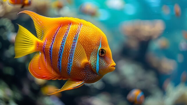   A tight shot of a fish swimming in an aquarium, surrounded by various other fish in the water One of the nearby fish exhibits blue and yellow vertical stripes