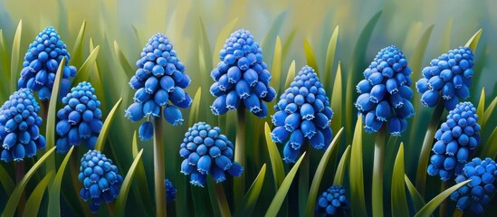 A painting showcasing a cluster of vibrant blue Muscari flowers blooming abundantly in lush green grass. - obrazy, fototapety, plakaty