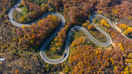 aerial view of inegol domanic road with beautiful autumn colors of nature, Kutahya, Turkey