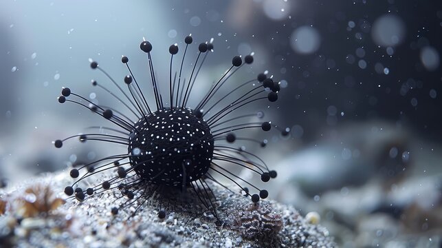   A tight shot of a sea urchin perched on a submerged rock, surrounded by water droplets on its surface