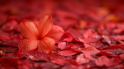   A red flower, tightly framed in close-up, blooms above a bed of matching red leaves Water droplets gracefully rest atop the petals