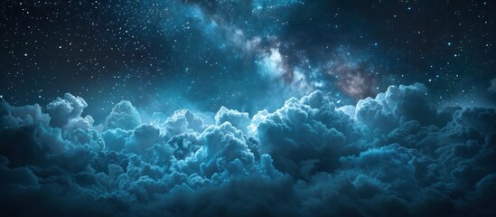 The night sky is covered with clouds, revealing twinkling stars shining through. - obrazy, fototapety, plakaty