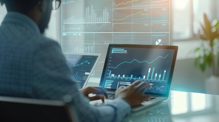 a businessman using both a laptop and a tablet to review and plan for the company’s growth through detailed financial graphs and projections. 