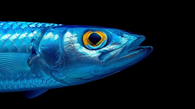   A detailed view of a blue fish with a yellow marking on its eyeball and an identifiable yellow tail