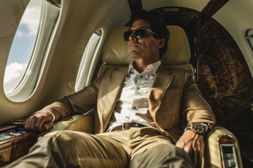 businessman flies in private jet