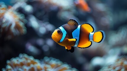   A tight shot of a clownfish amidst a backdrop of multiple clownfish in an aquarium One clownfish takes center stage in the foreground