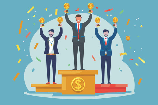 Triumphant businessmen stand tall on a podium, adorned with gold, silver, and bronze medals, a testament to their success in the competitive business arena