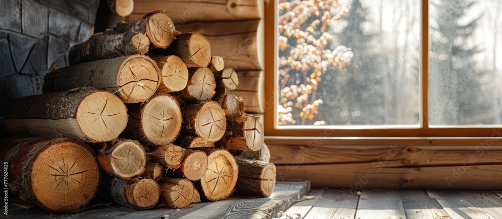 Aufkleber a neat stack of wood logs is piled in front of a window, creating a rustic scene.