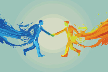 Two businessman figures melting and fusing into one, symbolizing business merger, integration, consolidation and synergy