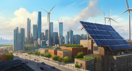 An expansive view of a city skyline with solar panels on rooftops - obrazy, fototapety, plakaty