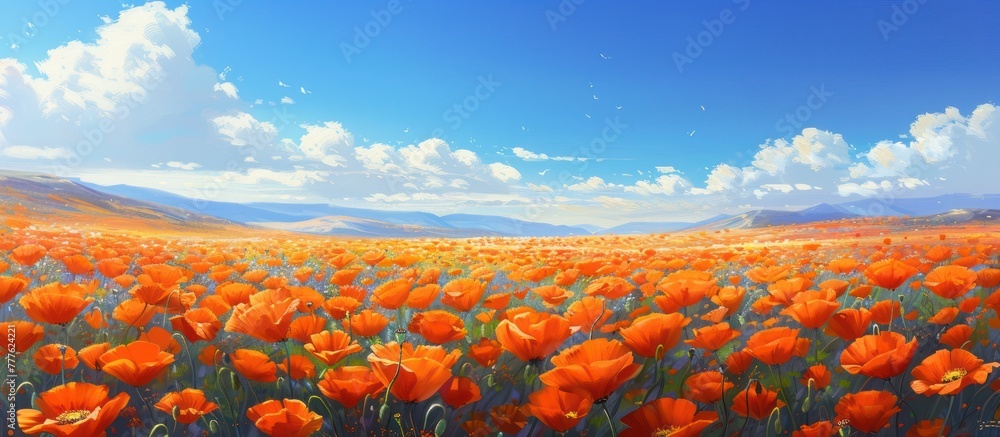 Poster a painting depicting a vast field filled with vibrant orange poppies in full bloom, creating a strik