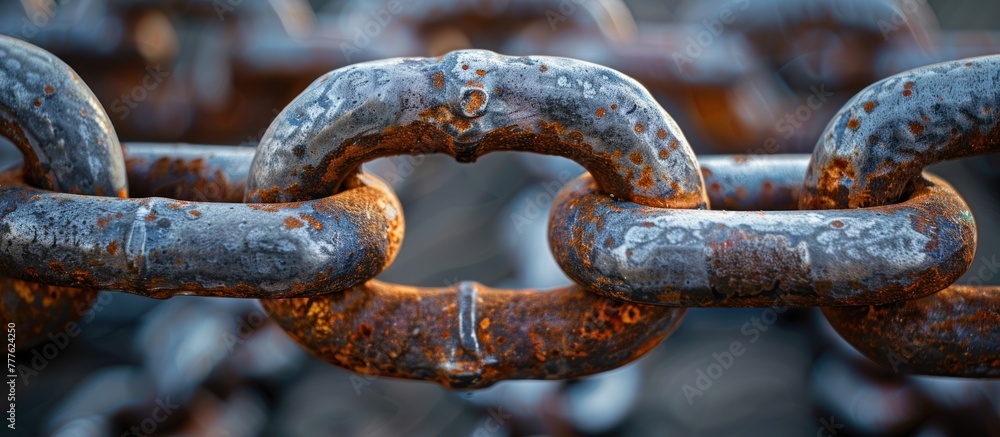 Poster detailed view of a rusty chain with prominent rust accumulation, displaying its weathered and deteri