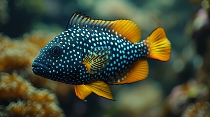   A tight shot of a blue-yellow fish with white specks on its body against a coral backdrop