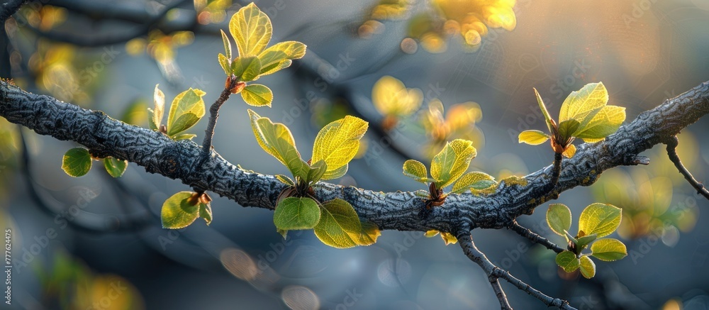 Poster a detailed view of a tree branch covered in green leaves, showcasing the intricate textures and patt