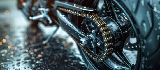 A detailed view of a motorcycles rear tire on a wet surface, showcasing the treads and texture of the tire.