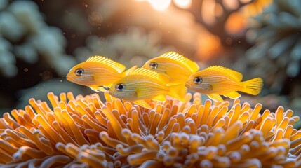   A small group of yellow fish perches atop an orange sea anemone, situated over a coral base - obrazy, fototapety, plakaty