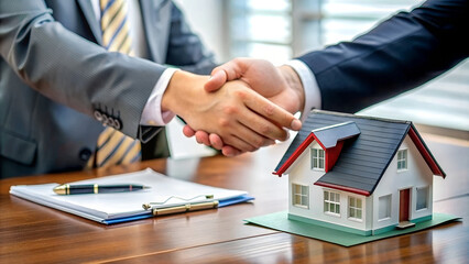 Successful real estate transaction, realtor and buyer shaking hands - obrazy, fototapety, plakaty
