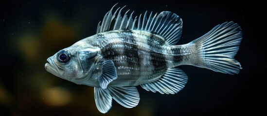 Detailed view of a black and white Anarhichas orientalis fish swimming in a tank.