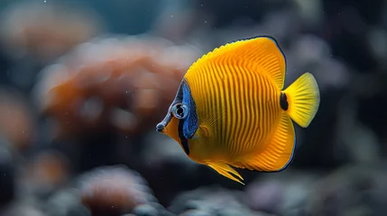 Deurstickers   A tight shot of a yellow-blue fish against an aquarium backdrop of corals, with water at the forefront © Jevjenijs
