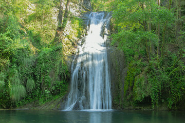 Fototapeta na wymiar Gorg de la Malatosca, impressive waterfall in San Joan de les Abadesses.