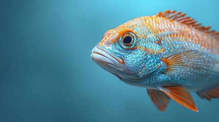   A tight shot of a blue-orange fish with a black-and-white stripe on its dorsal side - obrazy, fototapety, plakaty