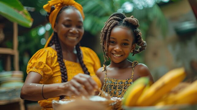 Young black jamaican girl baking with her grandmother.