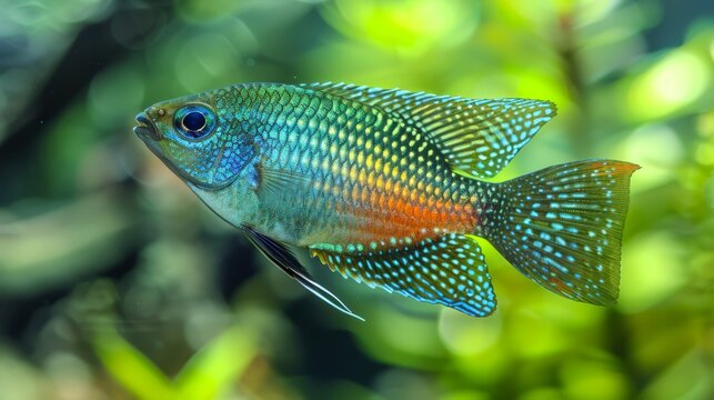   A tight shot of a blue-red fish against a backdrop of vibrant green plants in a sunlit aquarium