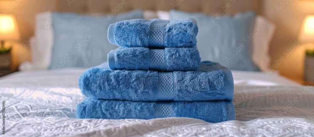 Poster a stack of neatly folded blue towels placed on top of a bed, creating a tidy and organized appearanc
