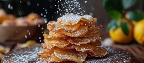 A stack of delicious pastries covered in powdered sugar placed on a wooden table. - obrazy, fototapety, plakaty