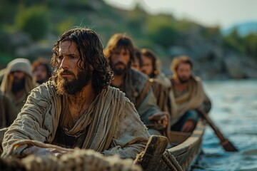 Jesus Christ with his disciples in a boat.