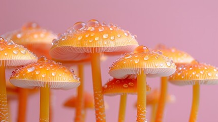   A pink backdrop hosts a collection of yellow mushrooms dotted with dewdrops, against a pink wall