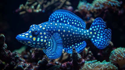   A tight shot of a blue fish hovering near a coral in an aquarium, surrounded by various corals in the background