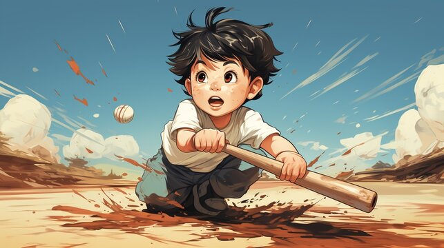 Little boy hits the ball with a bat.