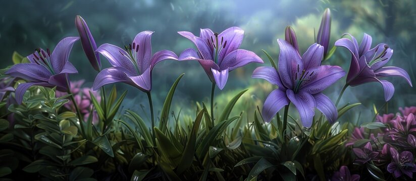 A vibrant cluster of purple lily flowers blooming in a garden surrounded by greenery and sunlight.