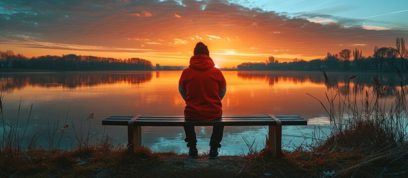 A person in a red jacket sits on a bench, gazing out at the tranquil lake scenery.
