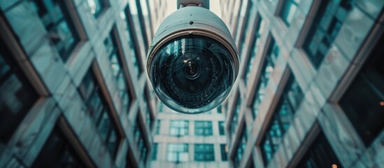 A security camera suspended in front of a tall building, surveilling the area for security purposes. - Powered by Adobe