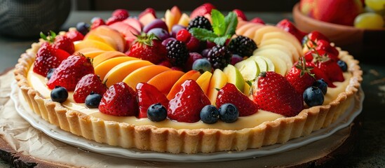 A fruit tart topped with fresh strawberries, blueberries, raspberries, and kiwi on a pastry crust,...