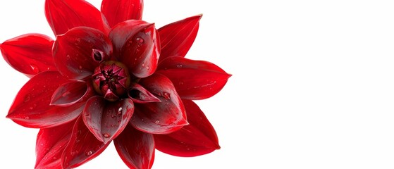   A red flower with dewdrops on its petals against a plain white background