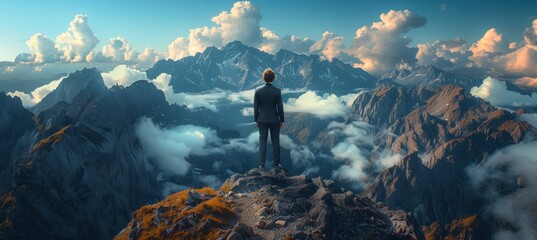 A man is gazing at the clouds while standing on a mountain peak, surrounded by the natural beauty of the landscape including water, sky, and mountain ranges - Powered by Adobe